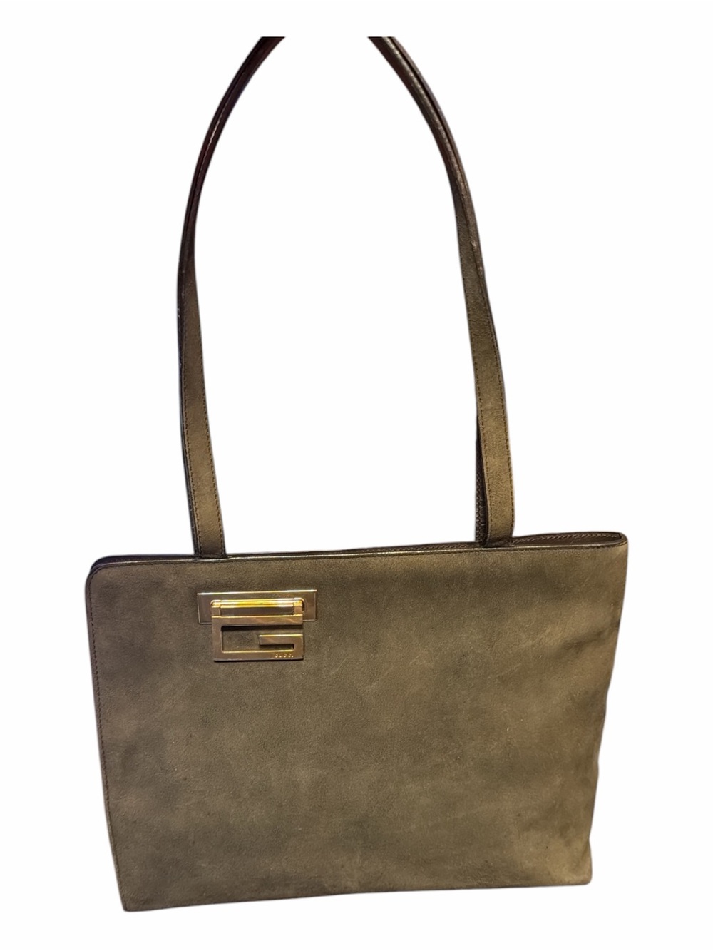 GUCCI Vintage Olive Suede Square G Buckle Shoulder Tote Bag 00226840344